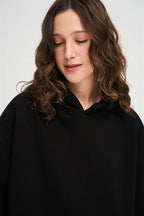 Unisex Düz Renkli Oversize Kapşonlu Hoodie Pamuklu Siyah Sweatshirt - Siyah - 4