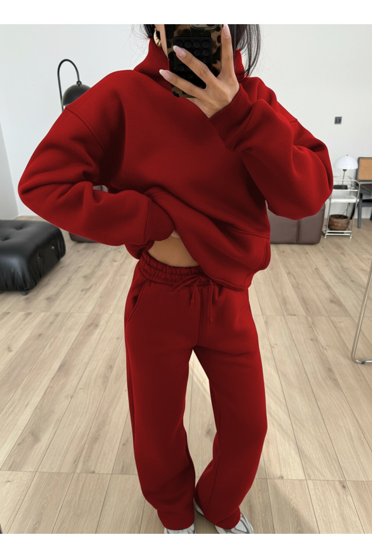 Kadın Boyfriend 3 İplik Şardonlu Bol Paça Oversize Casual Takım - Kırmızı - 3