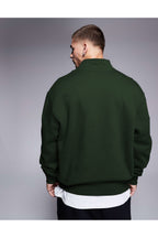 Erkek Yarım Fermuarlı Basic Oversize Dik Yaka Sweatshirt Kazak - Koyu Yeşil - 2
