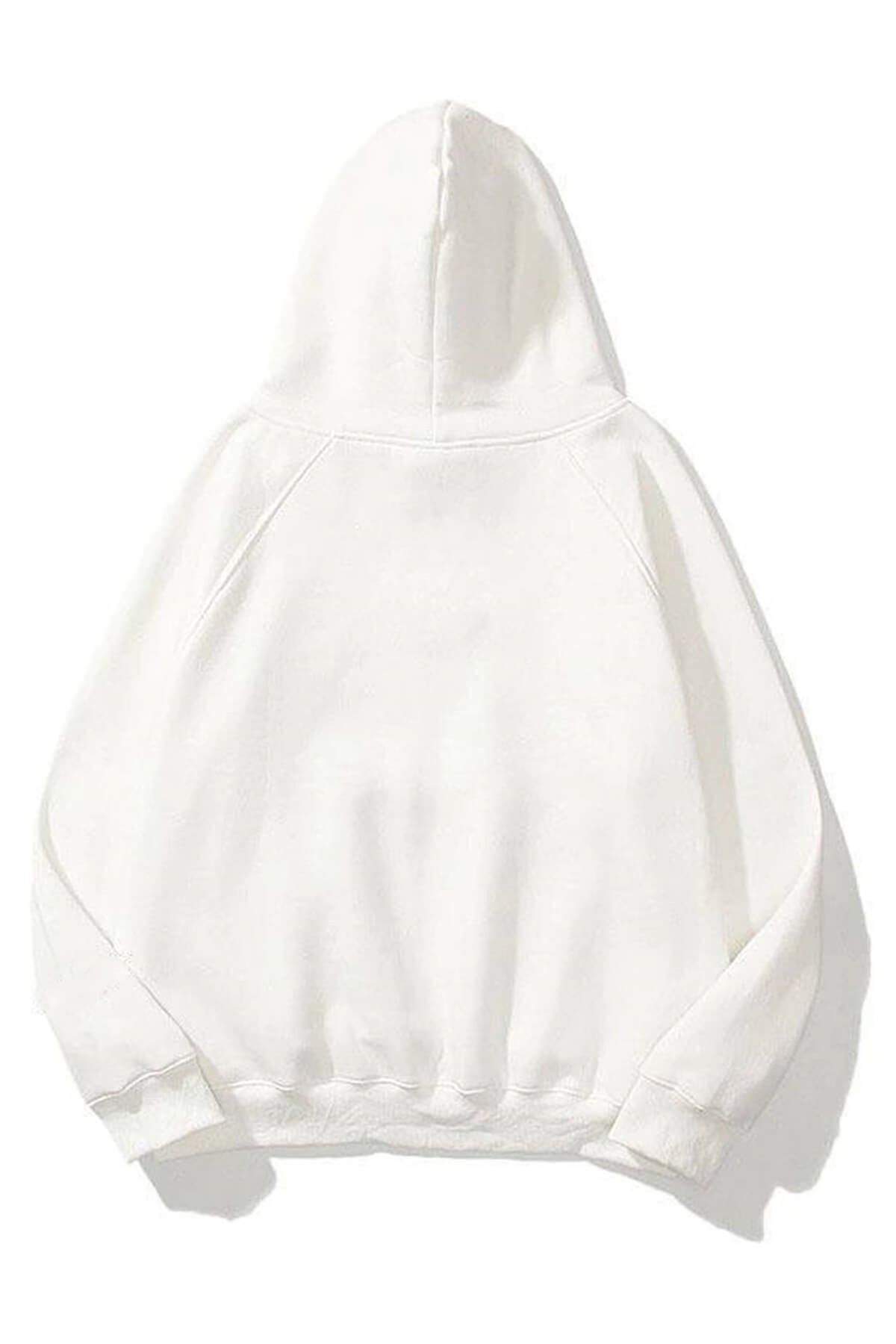 Unisex Kapşonlu Kanguru Cep 3 İ̇plik Uzun Kollu Sweatshirt Hoodie - Beyaz - 2