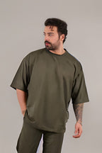 Erkek Oversize Comfort Penye T-shirt - Haki - 1