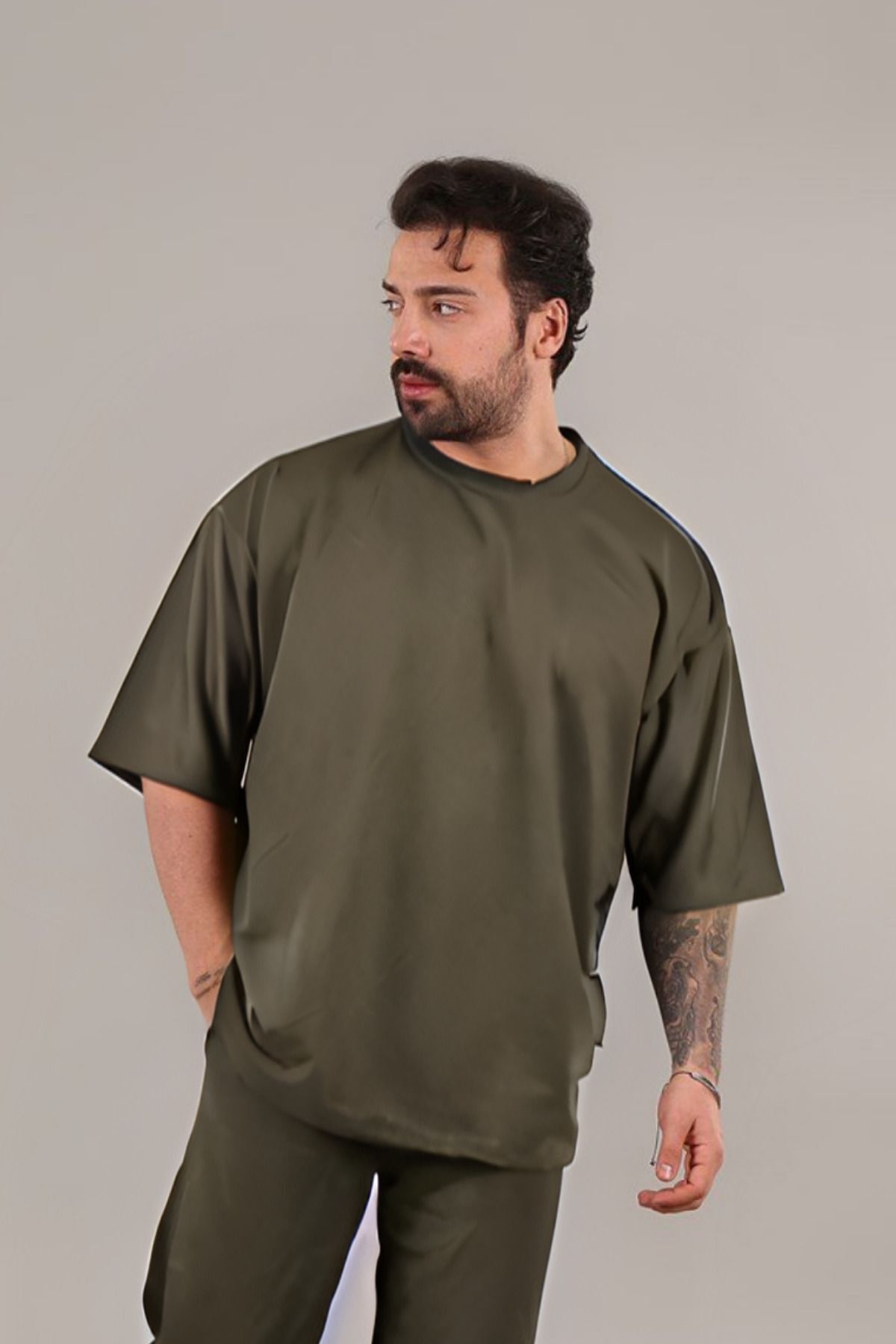 Erkek Oversize Comfort Penye T-shirt - Haki - 1
