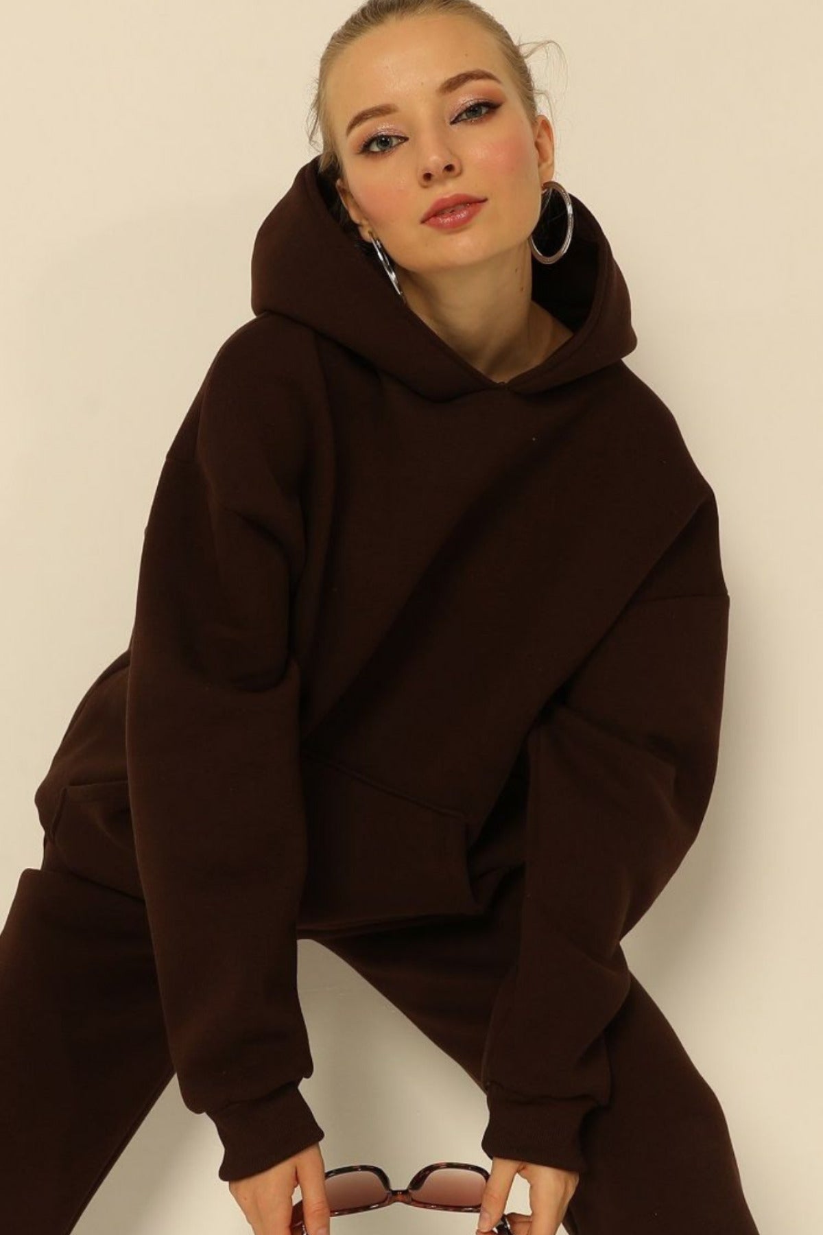 Kadın Salaş Bol Günlük Oversize Sweatshirt - Kahverengi - 3