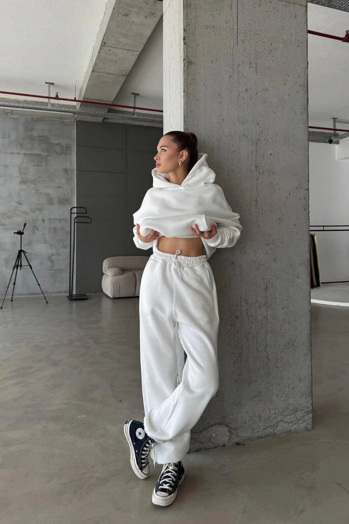Kadın Paçası Lastikli Jogger Oversize Kışlık Eşofman Takımı - Beyaz - 2