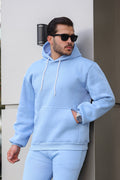 Erkek Bol Kesim Oversize 3 İ̇plik İ̇çi Pamuklu Şardonlu Kanguru Cep Kapşonlu Kışlık Hoodie Sweatshirt - Bebe Mavisi - 1