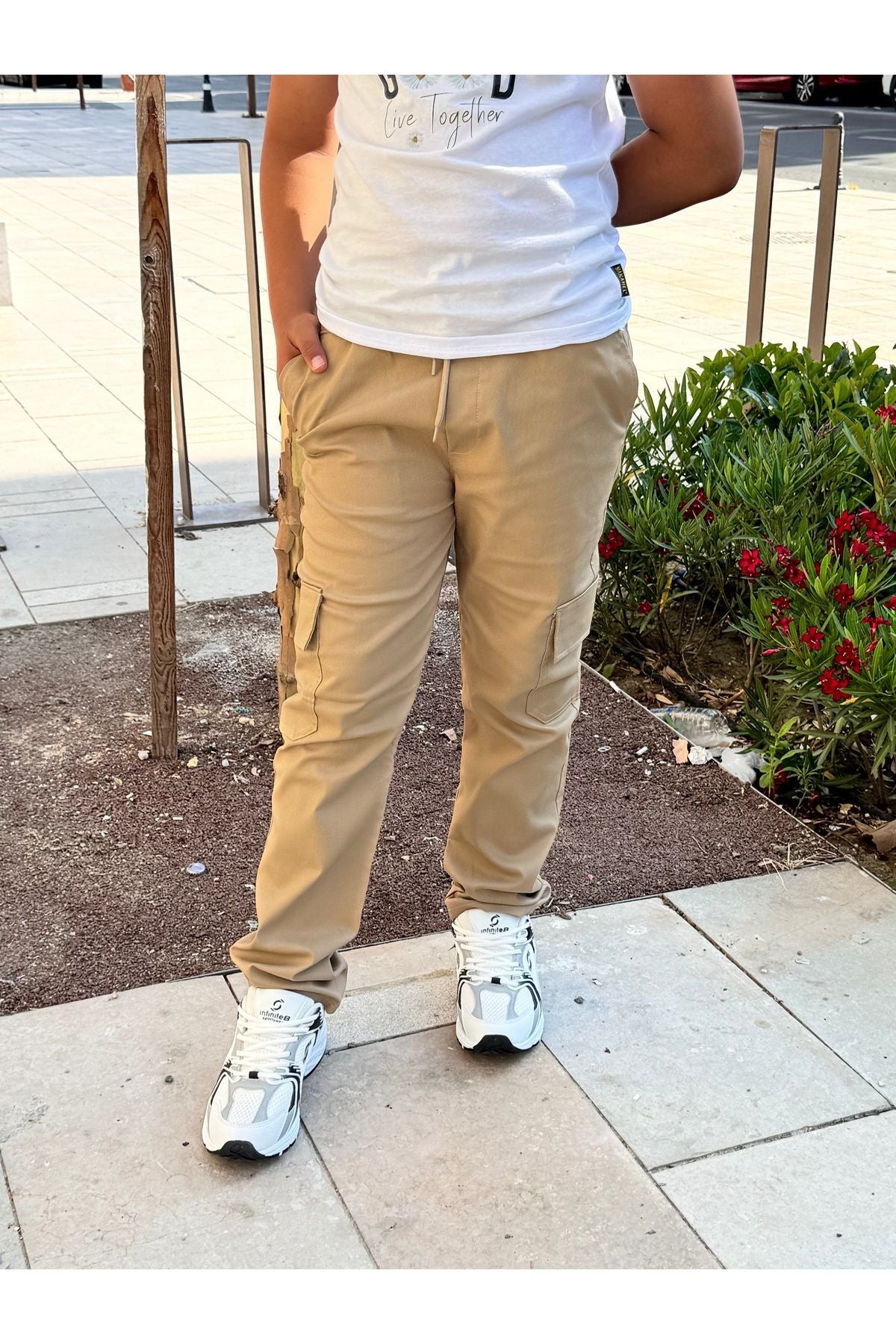 Unisex Krem Canvas Beli Lastikli Kargo Cepli̇ Okul Pantolonu - Bej - 1