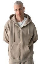 Erkek Basic Bej Unisex Tam Fermuar Sweatshirt Hırka - Bej - 4