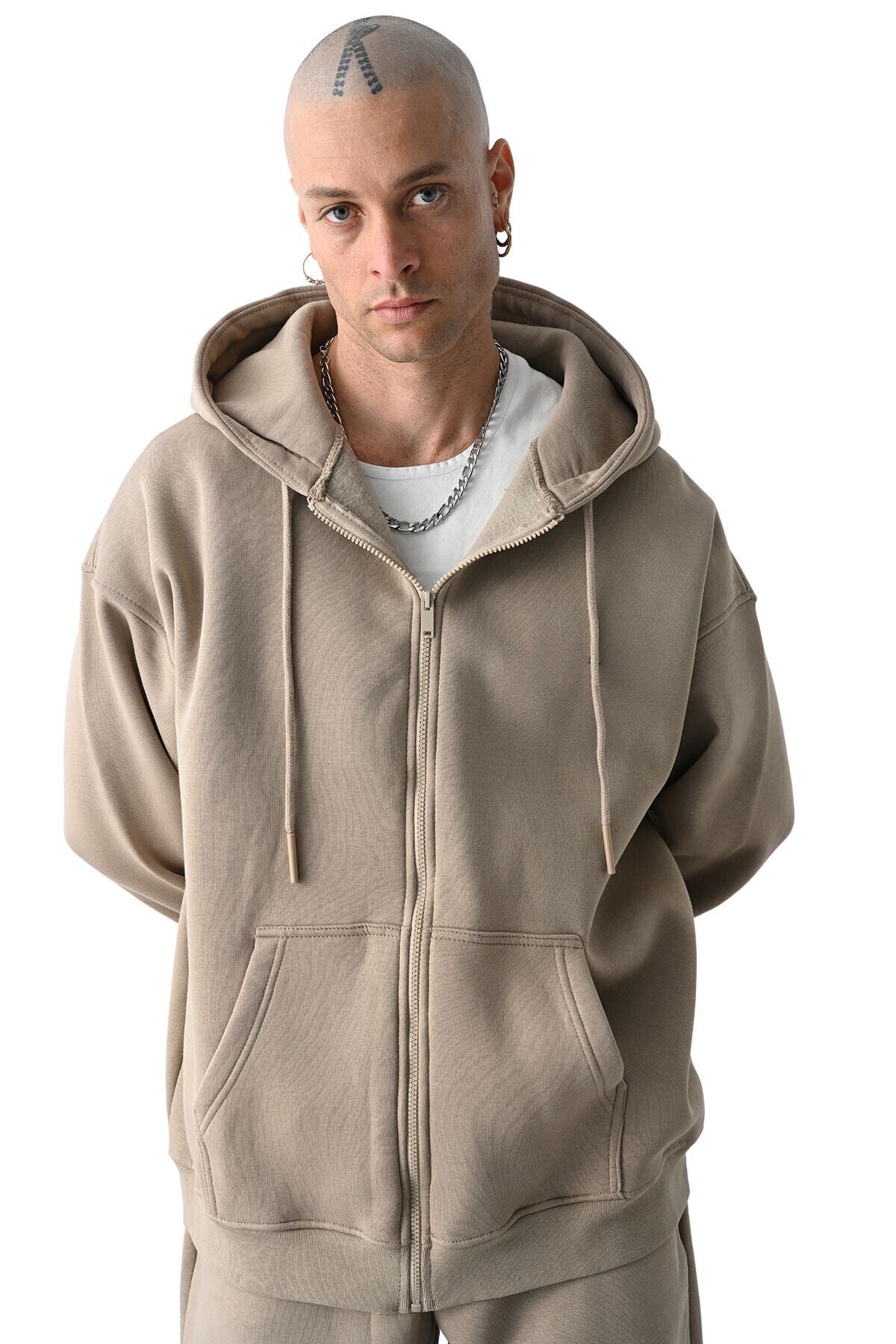 Erkek Basic Bej Unisex Tam Fermuar Sweatshirt Hırka - Bej - 4