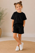 Çocuk Unısex Süper Yüksek Bel Kısa Kollu Oversıze Rahat Beli Bağcıklı Günlük Basic Şort Takım - Siyah - 1