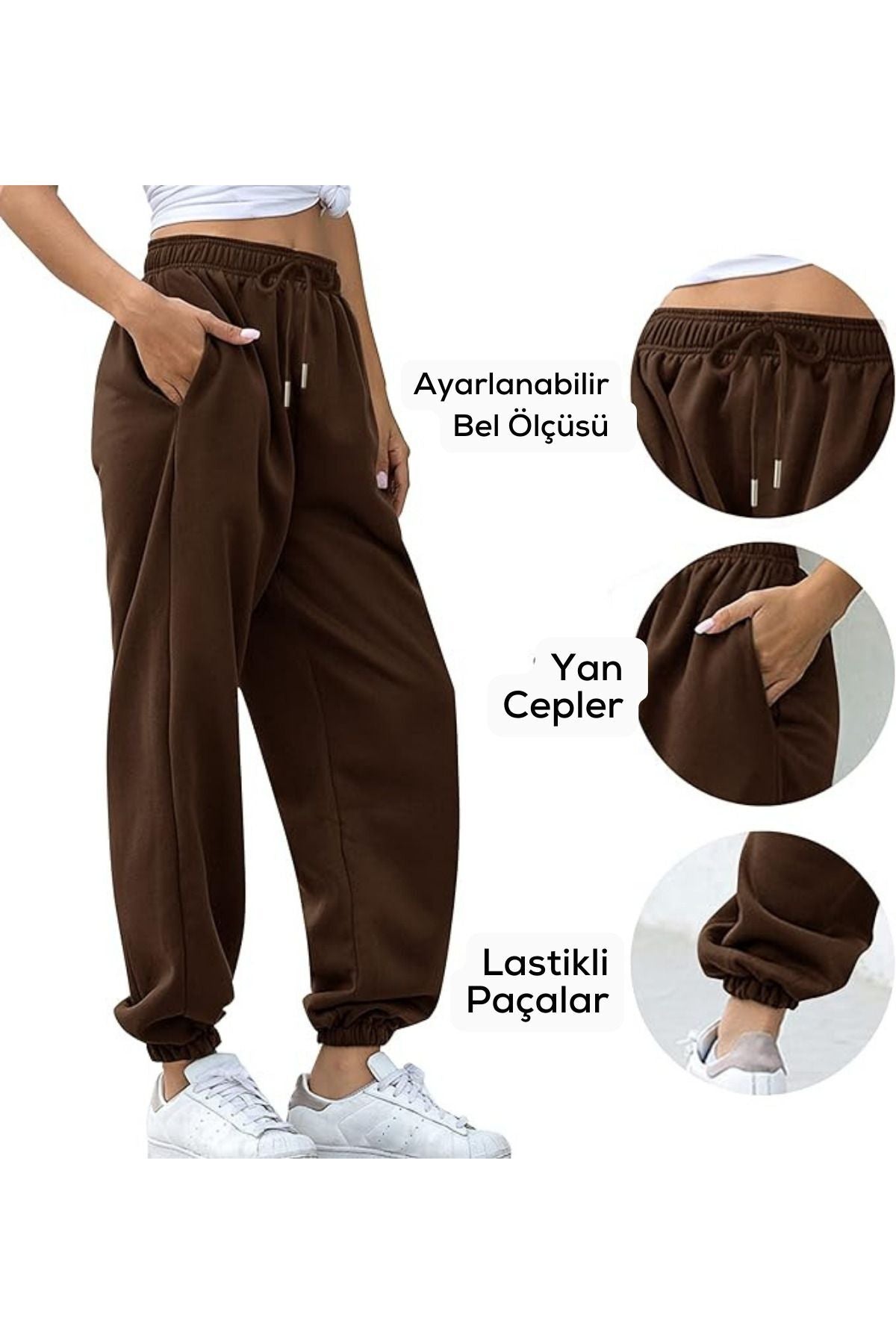 Kadın Kahverengi Kalın İ̇çi Polarlı Basic Jogger Örme Eşofman Altı - Kahverengi - 4