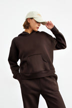 Kadın Yumuşak Kumaş Geniş Kalıp Hoodie Sweatshirt - Kahverengi - 1
