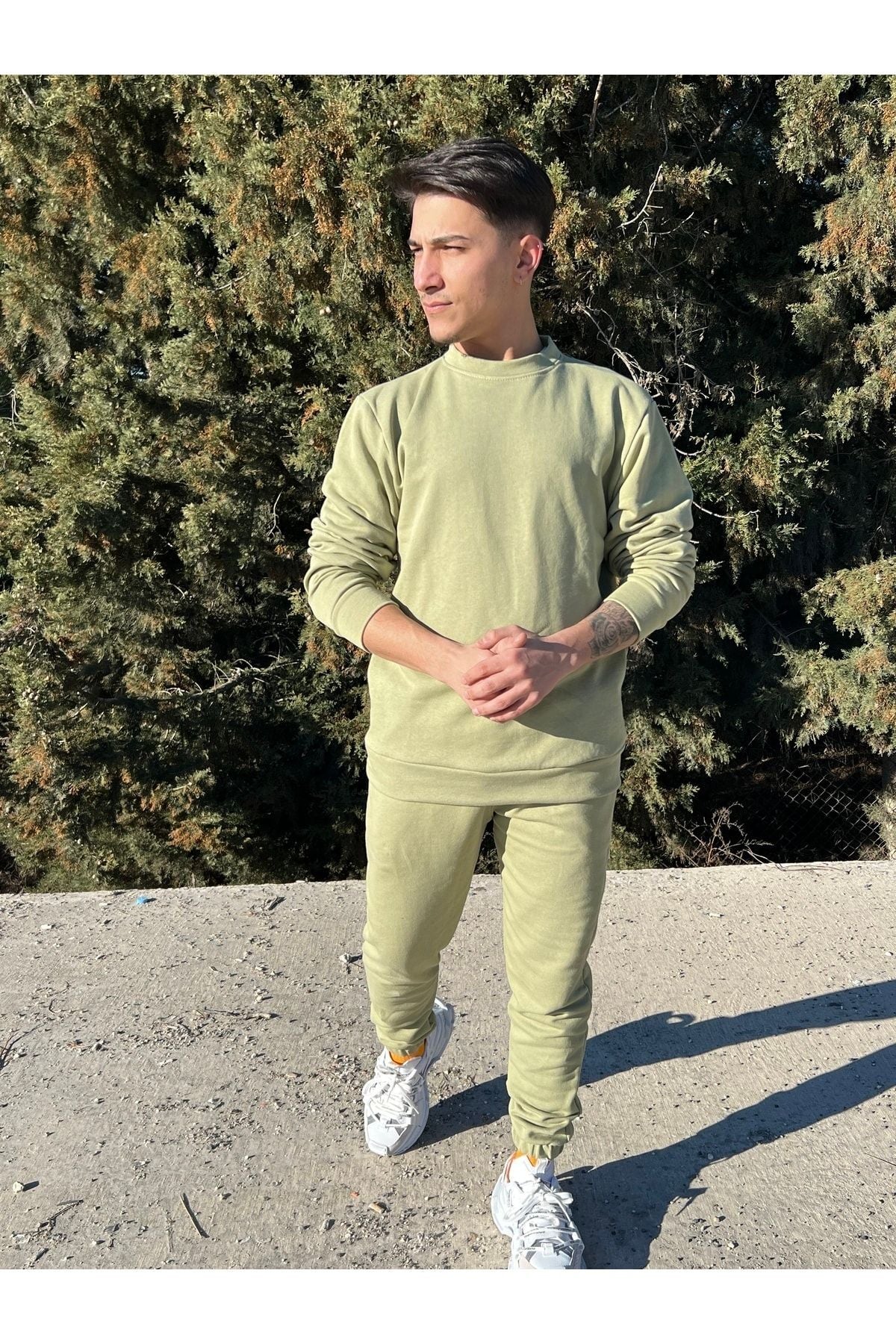 Erkek Yeşil Bisiklet Yaka Eşofman Takımı Regular Fit - Yağ Yeşili - 5