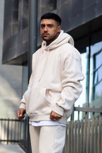 Erkek Oversize 3 İ̇plik Pamuklu Şardonlu Kanguru Cep Kapşonlu Kalın Hoodie Sweatshirt - Bej - 3