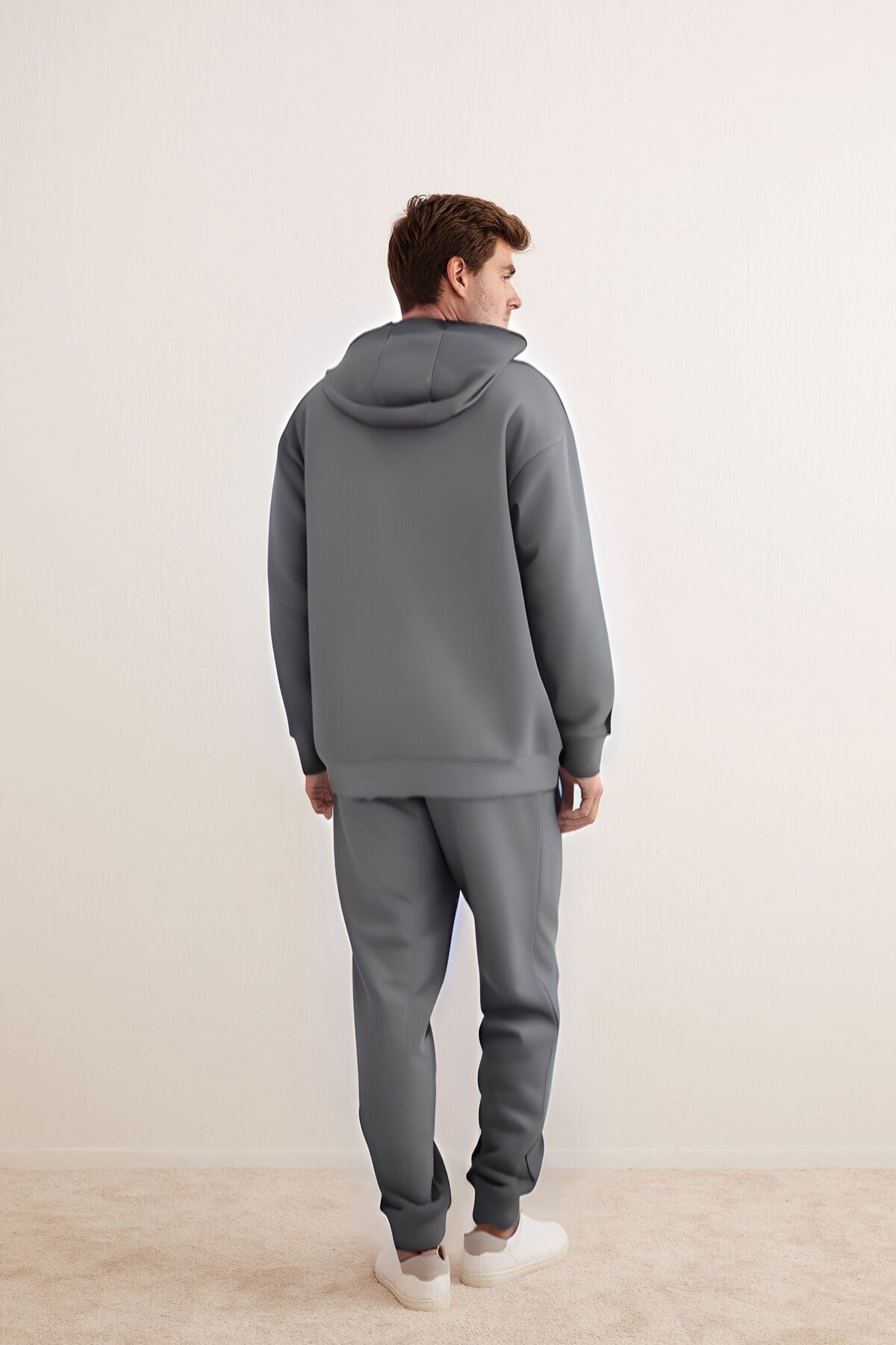 Erkek 3 İ̇plik Kapşonlu İ̇çi Pamuklu Bol Kesim Hoodie Kışlık Günlük Eşofman Takımı - Gri - 2