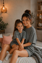 Anne Çocuk Kisa Kollu Oversize Esnek Rahat Beli̇ Bağcikli Modern Kesi̇m Trend Yazlik Günlük Alt Üst Takim - Füme - 2
