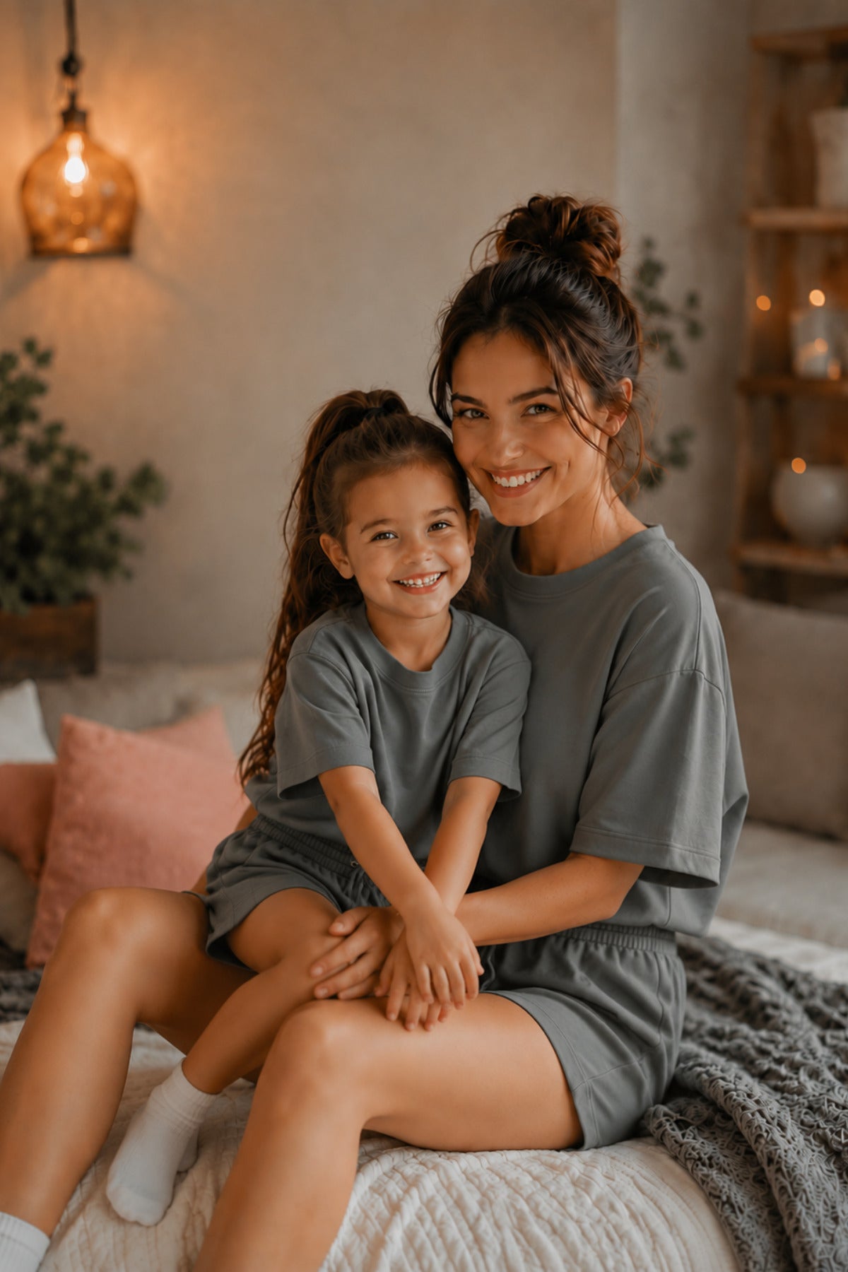 Anne Çocuk Kisa Kollu Oversize Esnek Rahat Beli̇ Bağcikli Modern Kesi̇m Trend Yazlik Günlük Alt Üst Takim - Füme - 2