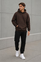 Erkek Oversize Kapüşonlu Sweatshirt Basic Hoodie Cepli - Kahverengi - 3