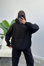 Kadın Oversize Trend Model Kanguru Cep Kapşonlu Sweatshirt Eşofman Takımı - Siyah - 7