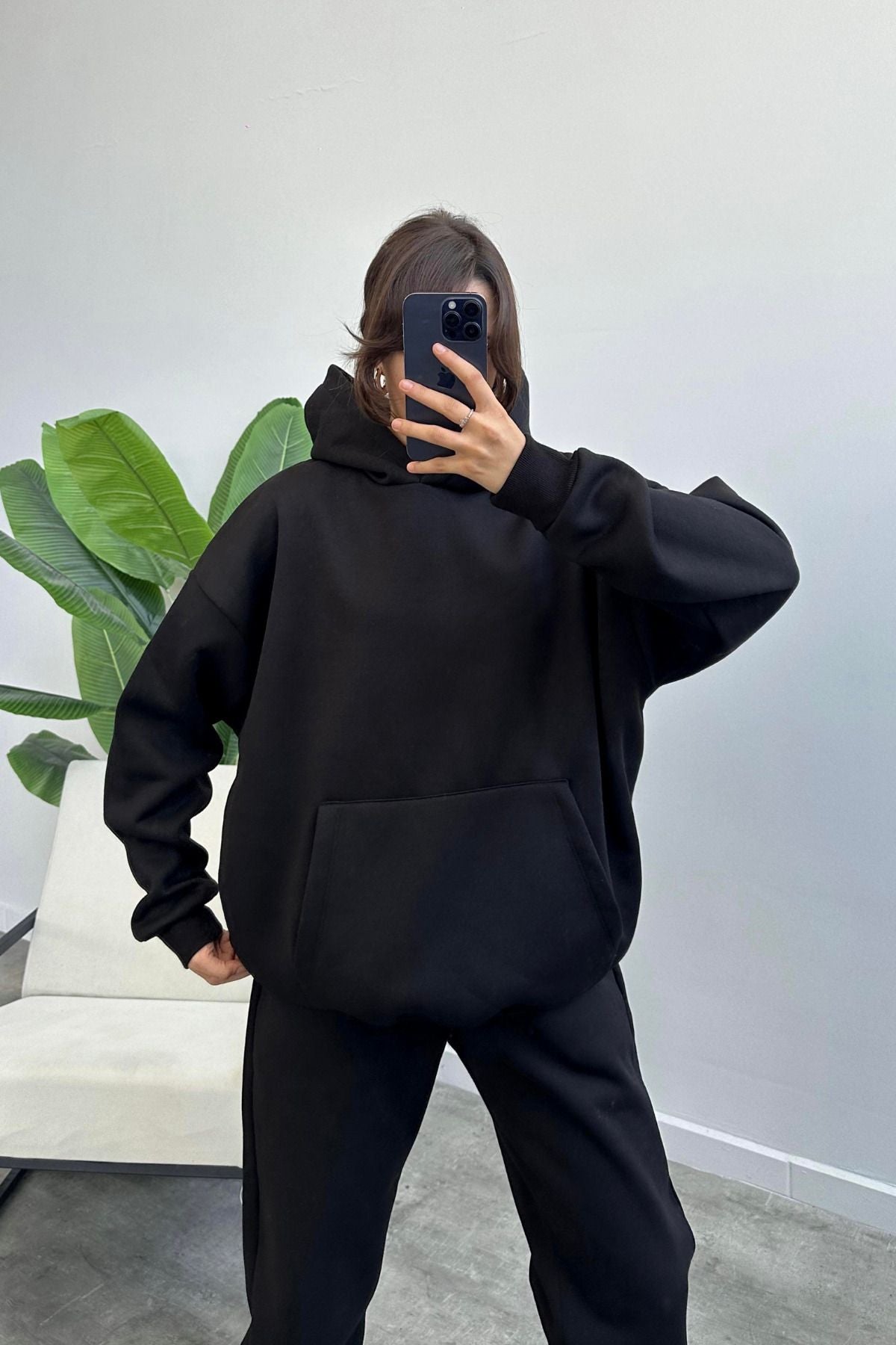 Kadın Oversize Trend Model Kanguru Cep Kapşonlu Sweatshirt Eşofman Takımı - Siyah - 7