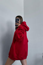 Kadın Oversize Trend Model Kanguru Cep Kapşonlu Sweatshirt Eşofman Takımı - Canlı Kırmızı - 7
