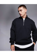 Erkek Yarım Fermuarlı Basic Oversize Dik Yaka Sweatshirt Kazak - Siyah - 1