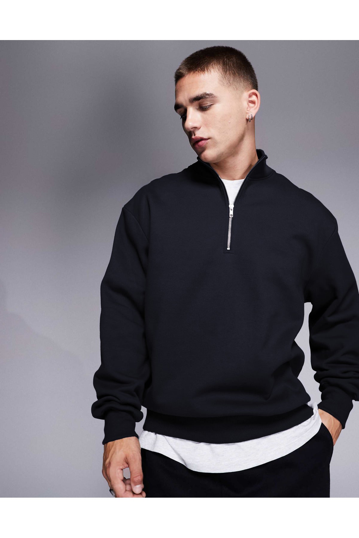 Erkek Yarım Fermuarlı Basic Oversize Dik Yaka Sweatshirt Kazak - Siyah - 1