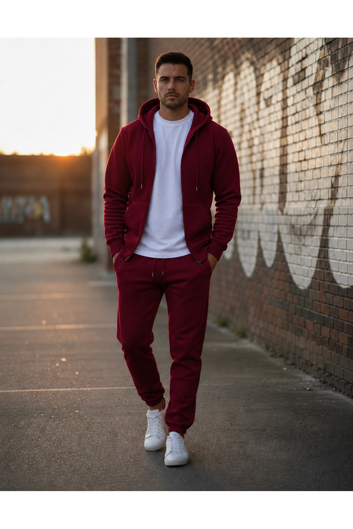 Erkek 3 İ̇pli̇k Fermuarli Kapüşonlu Oversi̇ze Sweatshirt Jogger Eşofman Takimi - Bordo - 3