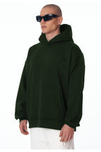 Erkek Bol Kesim Oversize 3 İ̇plik İ̇çi Pamuklu Şardonlu Kanguru Cep Kapşonlu Kışlık Hoodie Sweatshirt - Koyu Yeşil - 2