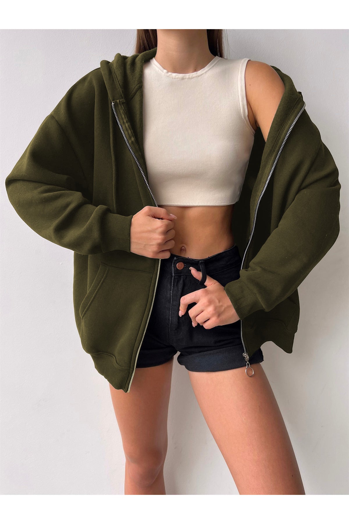 Kadın Haki Bol Salaş Basic Model Baskısız Hırka - Haki - 2