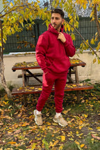 Ob Comfort Kapşonlu Kanguru Cep Oversize Lastik Paça Bordo Eşofman Takımı - Bordo - 6