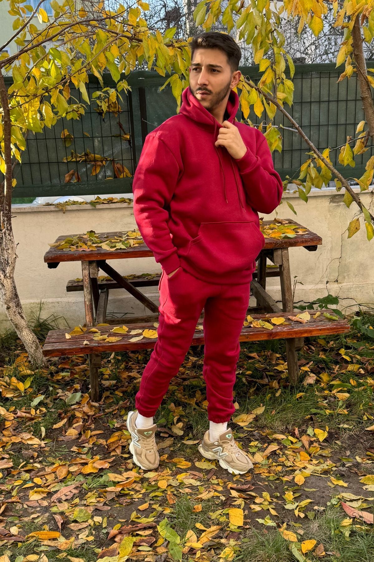 Ob Comfort Kapşonlu Kanguru Cep Oversize Lastik Paça Bordo Eşofman Takımı - Bordo - 6