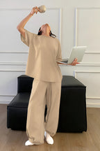 Kadın Bisiklet Yaka Yazlık Kısa Kollu Pijama Takımı - Bej - 4