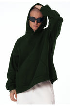 Erkek Bol Kesim Oversize 3 İ̇plik İ̇çi Pamuklu Şardonlu Kanguru Cep Kapşonlu Kışlık Hoodie Sweatshirt - Koyu Yeşil - 1