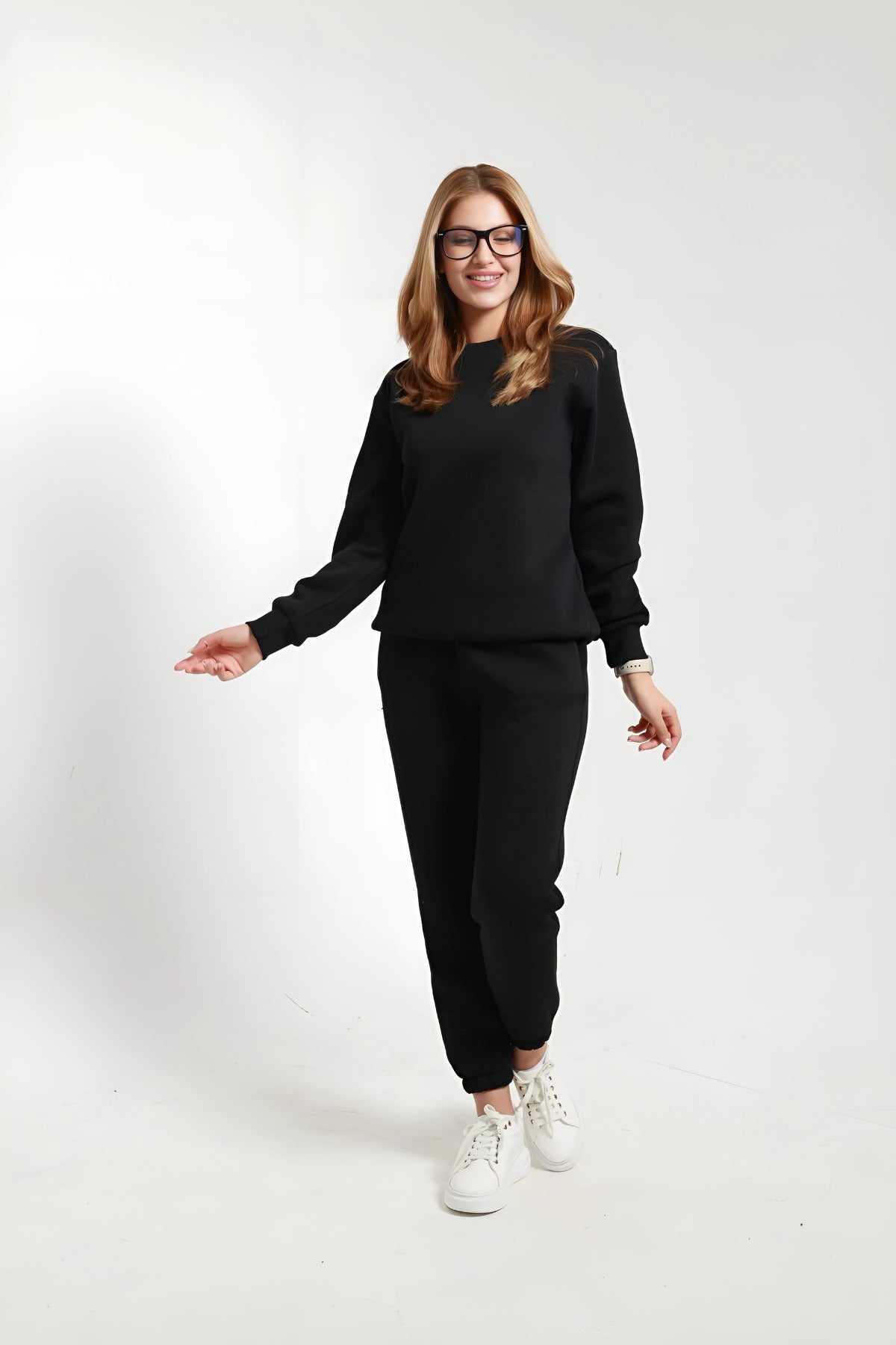 Sweatshirt Jogger Beli Ve Paçası Lastikli Kadın 3 İplik Eşofman Takımı Pamuklu - Siyah - 5