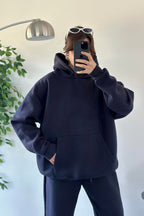 Kadın Oversize Trend Model Kanguru Cep Kapşonlu Sweatshirt Eşofman Takımı - Lacivert - 7