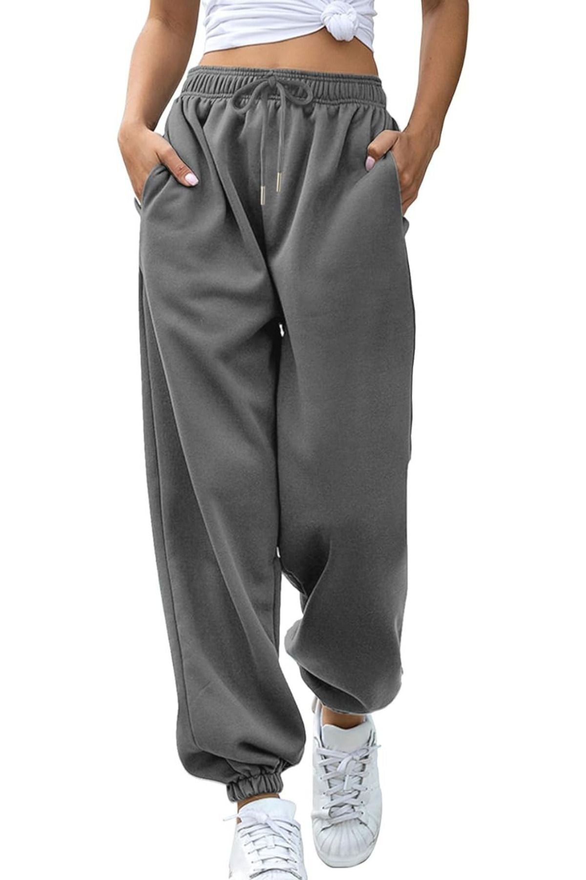 Kadın Koyu Gri Kalın İ̇çi Polarlı Basic Jogger Örme Eşofman Altı - Füme - 3