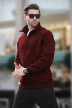 Erkek Yarım Fermuarlı Dik Yaka Oversize 3 İ̇plik Şardonlu Sweatshirt - Bordo - 3