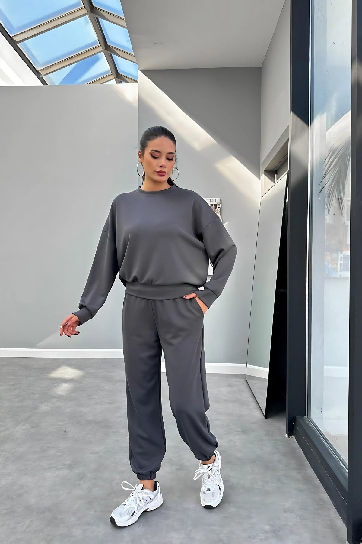 Kadın Bisiklet Yaka Yüksek Bel Yumuşacık Oversize Eşofman Takımı - Füme - 1