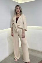 Kadın Bol Paça Palazzo Kimono Alt Üst Takım - Bej - 2