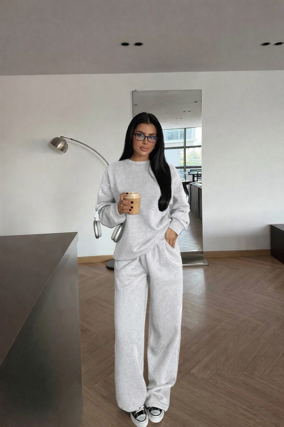 Kadin 3 İ̇pli̇k Bi̇si̇klet Yaka Sweatshi̇rt Geni̇ş Paça Yüksek Bel Eşofman Takimi - Gri Melanj - 3