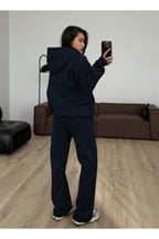 Kadın Boyfriend 3 İplik Şardonlu Bol Paça Oversize Casual Takım - Lacivert - 2