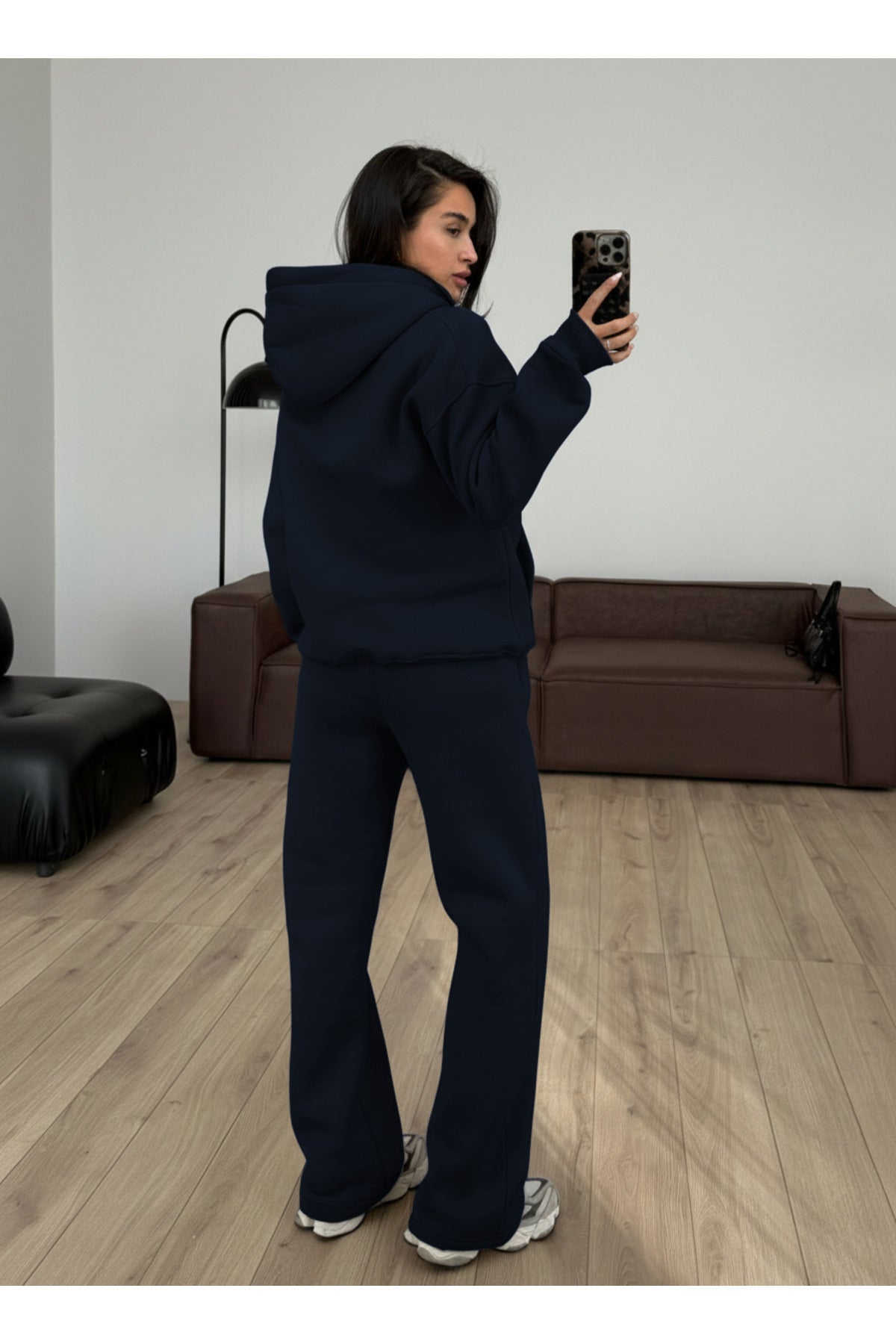 Kadın Boyfriend 3 İplik Şardonlu Bol Paça Oversize Casual Takım - Lacivert - 2