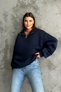 Unisex 3 İ̇plik Oversize Şardonlu Yarım Fermuarlı Swetshirt - Lacivert - 1