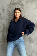Unisex 3 İ̇plik Oversize Şardonlu Yarım Fermuarlı Swetshirt - Lacivert - 1