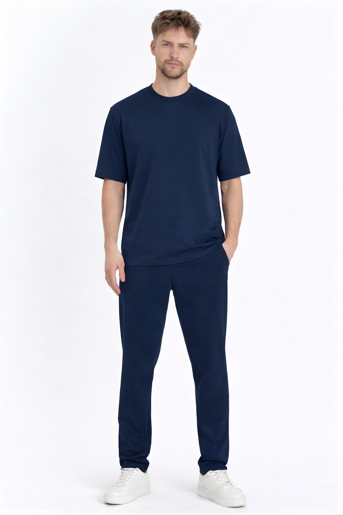 Erkek Oversıze Beli Bağlamalı Rahat Kısa Kollu T-shirt Ve Pijama Takımı - Lacivert - 1