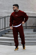Erkek Yesterday Baskılı 3 İ̇plik Oversize Bisiklet Yaka Eşofman Takımı - Bordo - 1