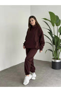 Kadın Unisex Kahverengi Kapüşonlu 3 İ̇plik Oversize Eşofman Takımı - Kahverengi - 1