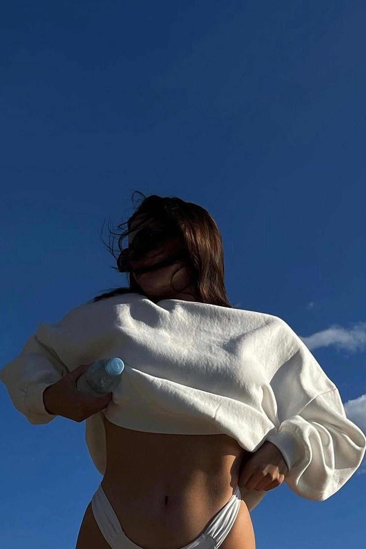 Kadın Beyaz Uzun Kollu Sweatshirt Bisiklet Yaka Oversize Basic White - Beyaz - 4