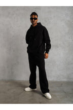 Erkek Siyah 3 İ̇plik Kapşonlu Kanguru Cep Hoodie Eşofman Takımı - Siyah - 2