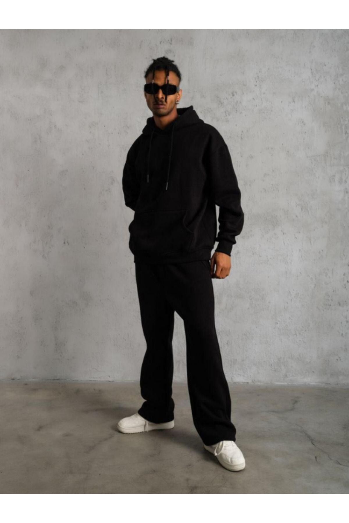 Erkek Siyah 3 İ̇plik Kapşonlu Kanguru Cep Hoodie Eşofman Takımı - Siyah - 2